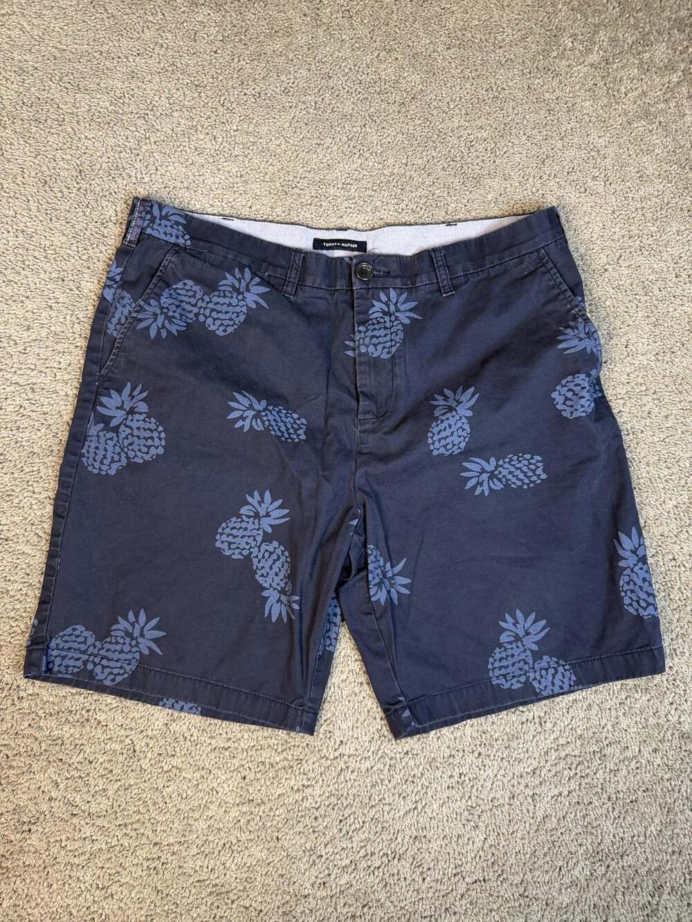 Tommy Hilfiger Shorts Mens 38 Blue Chino Pineapple Cotton Viscose 9 In Inseam